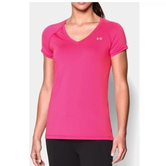 Under Armour Hot Pink Semi Fitted V Neck Short Sleeve Tee Size M - Picture 1 of 7